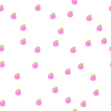 Pembe çilekli suluboya desenli. Ellerle çizilmiş beyaz izole bir arkaplanda sevimli bir çizim. Tekstil, ambalaj, menüler, baskılar, ambalaj kağıdı ve kartlar için tasarım.