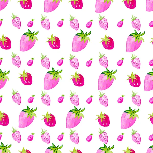 Patrón sin costuras de acuarela con fresas rosadas. Una linda ilustración sobre un fondo blanco aislado dibujado con las manos. Diseño para textiles, embalajes, menús, impresiones, papel de embalaje y tarjetas . —  Fotos de Stock