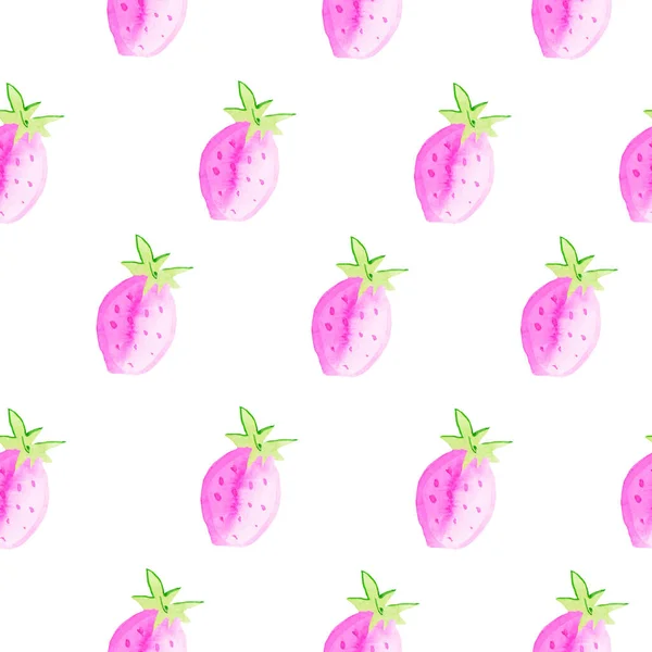 Watercolor seamless pattern with pink strawberries. A cute illustration on a white isolated background drawn with hands. Design for textiles, packaging, menus, prints, wrapping paper and cards. — Stock Photo, Image