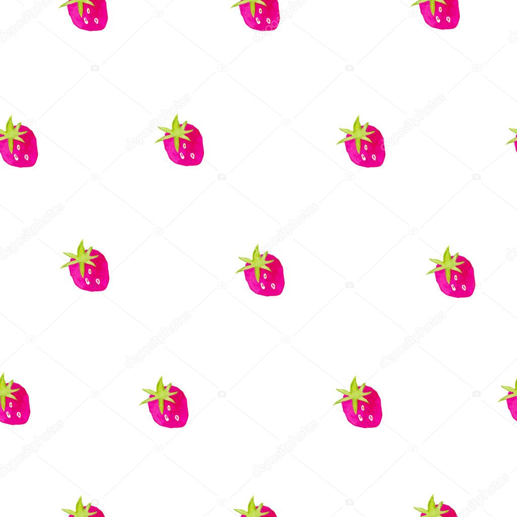 Watercolor seamless pattern with pink strawberries. A cute illustration on a white isolated background drawn with hands. Design for textiles, packaging, menus, prints, wrapping paper and cards.