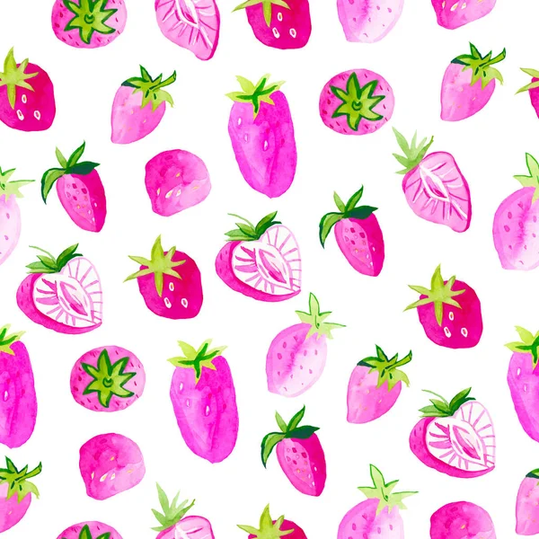 ピンクのイチゴと水彩シームレスパターン。手描きの白地に可愛らしいイラストが描かれています。織物、包装、メニュー、プリント、包装紙およびカード用のデザイン. — ストック写真
