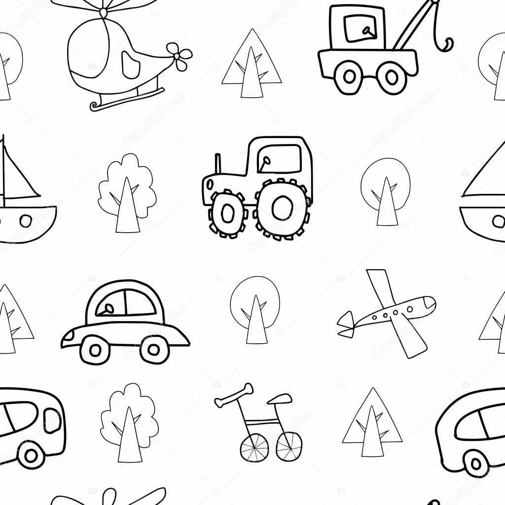 A children's transport vector seamless pattern black line with cars, buses, bike ride, tractor, trochanter, airplane and yacht on a white isolated background. Design for coloring and wrapping paper.