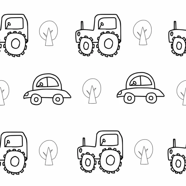 Vetor Transporte Crianças Sem Costura Padrão Linha Preta Com Carros — Vetor de Stock