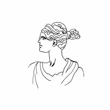 Artemis vektör mermer başı. Antik Yunan döneminin sanat eseri. Beyaz izole edilmiş arka planda avlanan tanrıçanın bir çizimi çizginin stilini çizdi. Web, kartlar, yazdırma için tasarım.