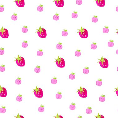 Pembe çilekli suluboya desenli. Ellerle çizilmiş beyaz izole bir arkaplanda sevimli bir çizim. Tekstil, ambalaj, menüler, baskılar, ambalaj kağıdı ve kartlar için tasarım.
