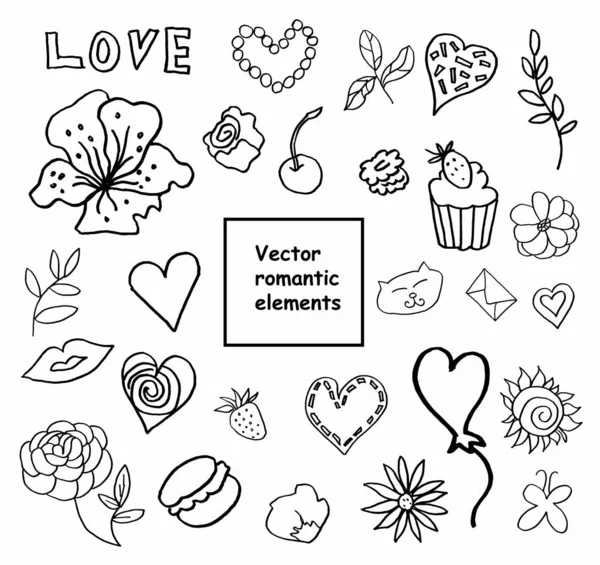 Clipart vektör elementleri kümesi. Siyah illüstrasyon koleksiyonu çiçekler, kalpler, Sevgililer Günü için tatlılar beyaz izole bir arkaplanda. Renkler, baskılar, düğünler, kartpostallar için tasarım.