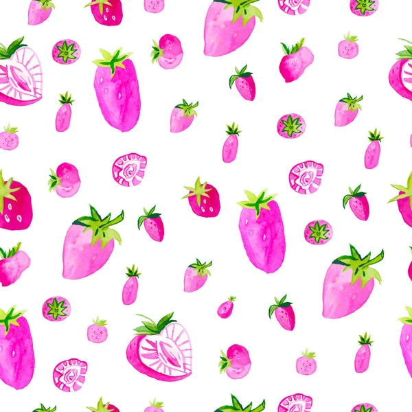 Watercolor seamless pattern with pink strawberries. A cute illustration on a white isolated background drawn with hands. Design for textiles, packaging, menus, prints, wrapping paper and cards. — Stock Photo, Image