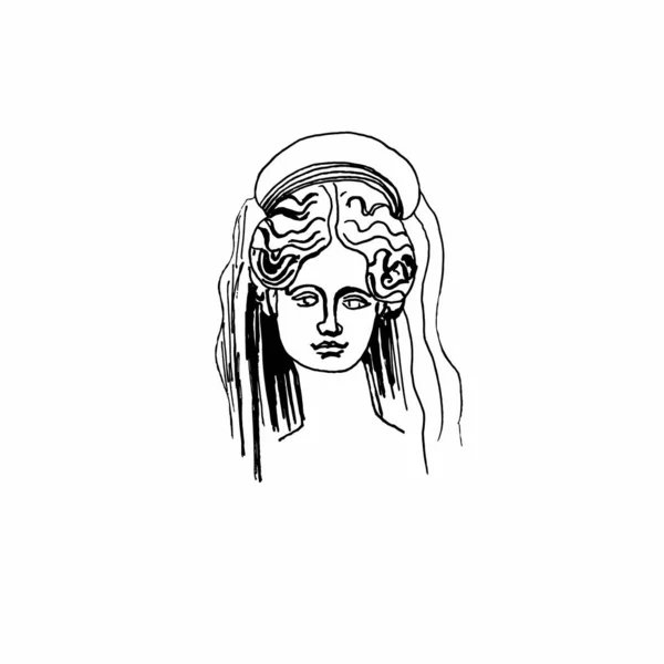 Demeter vector marmeren hoofd.Kunstwerk uit het oude Griekenland tijdperk.Een illustratie van de godin van de vruchtbaarheid op een witte geïsoleerde achtergrond hand trok de stijl van de lijn.Ontwerp voor web, kaarten, afdrukken. — Stockvector
