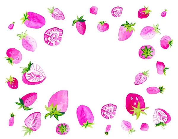 Aquarellrahmen mit rosa Erdbeeren. eine niedliche Illustration auf weißem, isoliertem Hintergrund, gezeichnet mit Händen. kopieren Raum natürliche kosmetische Flatlay. Design für Textilien, Verpackungen, Menüs und Karten. — Stockfoto