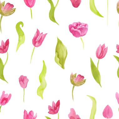 Pembe laleleri ve yeşil yaprakları olan dikişsiz bir suluboya deseni. İzole edilmiş beyaz bir arka planda bahar baskısı. Duvar kağıdı, ambalaj kağıdı, ambalaj, tekstil, kartlar, düğün için tasarım.