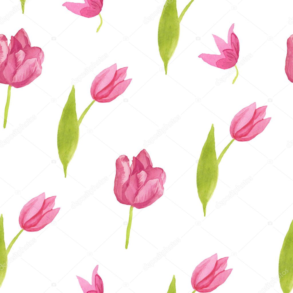 A watercolor seamless pattern with pink tulips and green leaves.