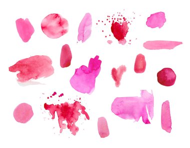 Sevgililer Günü için bir dizi pembe suluboya doku. Çemberler, lekeler, sıçramalar, izole bir arkaplanda kalpler ve çizgiler. Kartlar, tekstil, ambalaj kağıdı, çıkartmalar, ağ, arkaplanlar için tasarım.