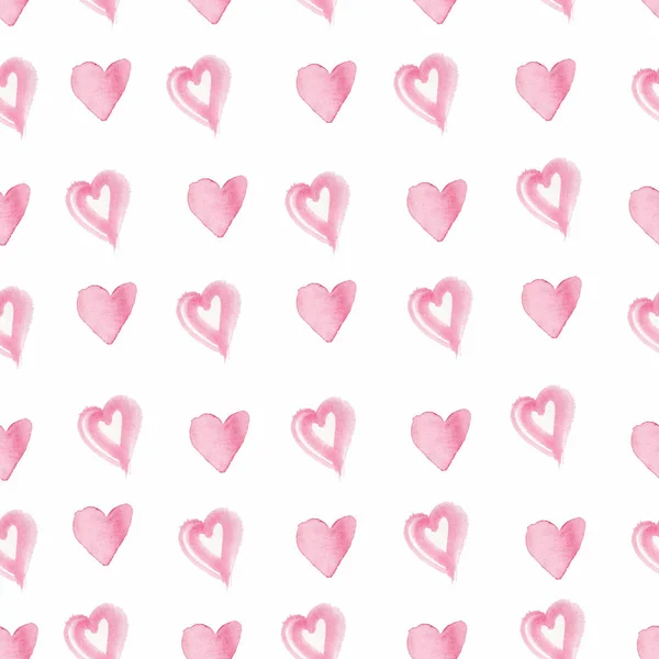 Modello senza soluzione di continuità con acquerello cuori rosa a San Valentino. Stampa su sfondo bianco isolato. Progettazione per matrimoni, tessuti, web, banner, carta da imballaggio, carte, layout . — Foto Stock