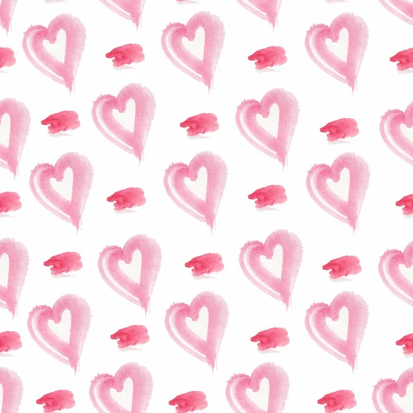 Seamless pattern with watercolor pink hearts on Valentine 's Day. Print on a white isolated background. Design for weddings, textiles, web, banners, packaging paper, cards, layouts. — Stock Photo, Image