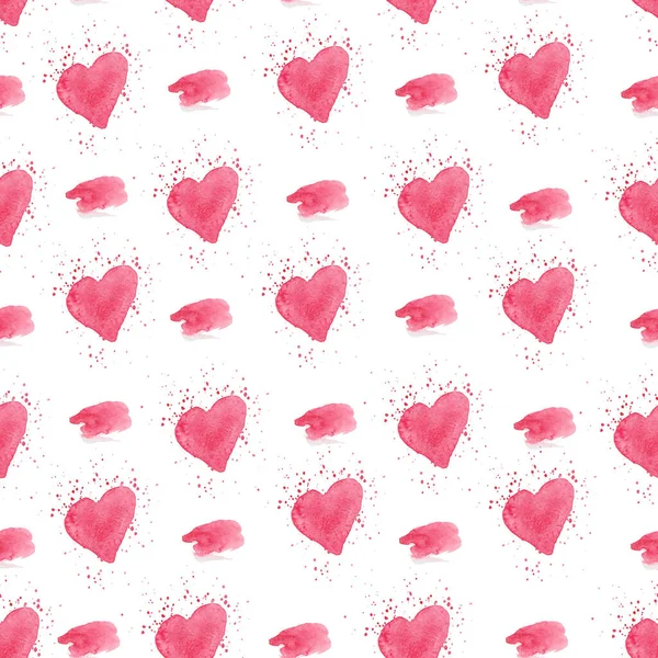 Zökkenőmentes minta akvarell rózsaszín szív Valentin-napon. Nyomtatás fehér, elszigetelt háttérrel. Esküvők, textíliák, web, bannerek, csomagolópapír, kártyák, elrendezések tervezése. — Stock Fotó