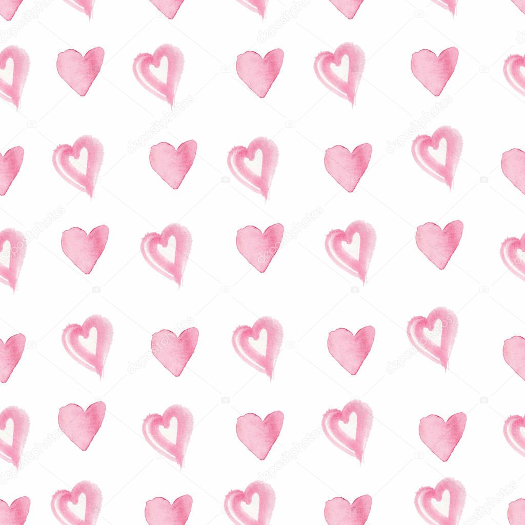 Seamless pattern with watercolor pink hearts on Valentine 's Day. Print on a white isolated background. Design for weddings, textiles, web, banners, packaging paper, cards, layouts.