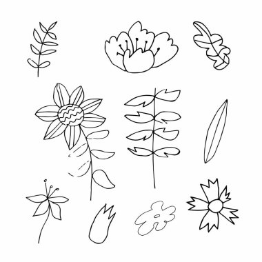 Set of vector flowers and leaves hand drawn clip art. Black line art illustration on a white isolated background. Design for wrapping paper, stickers, cards, packages and coloring.