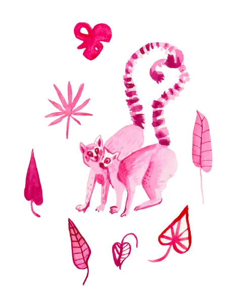 Um jogo de aquarela em lêmures rosa de amor e mãos de folhas tropicais — Fotografia de Stock