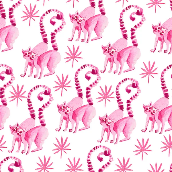 Seamless Pattern Watercolor Love Pink Lemurs Tropical Leaves Hand Drawn — 스톡 사진