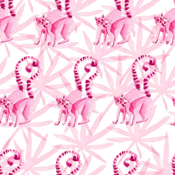 爱情粉红狐猴和热带淡紫色无缝图案水彩画 — 图库照片