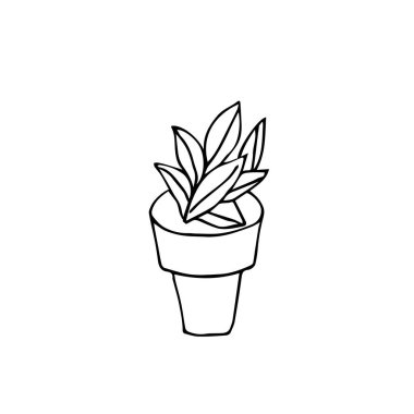One vector plant with leaves in the pot hand drawn clip art. Black gardening illustration line art on a white isolated background. Design for wrapping paper, stickers, cards, packages and coloring.