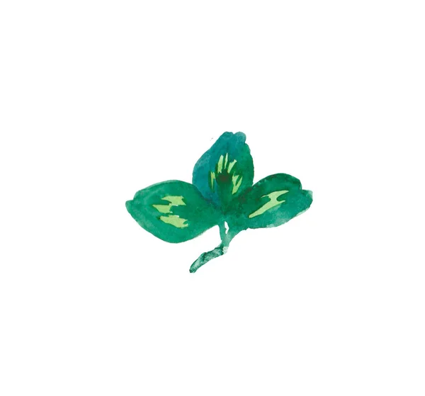 Ένα χρώμα νερού χαριτωμένο πράσινο φύλλο ενός χεριού τριφύλλι που. Irish Day of Patrick εικονογράφηση σε λευκό απομονωμένο φόντο. Σχεδιασμός για αυτοκόλλητα, κάρτες, πανό, αφίσες, χαρτί περιτυλίγματος και υφάσματα. — Φωτογραφία Αρχείου