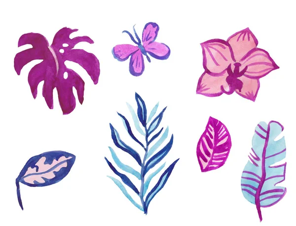 Trópusi akvarell fényes lila és kék virágok és növények — Stock Fotó