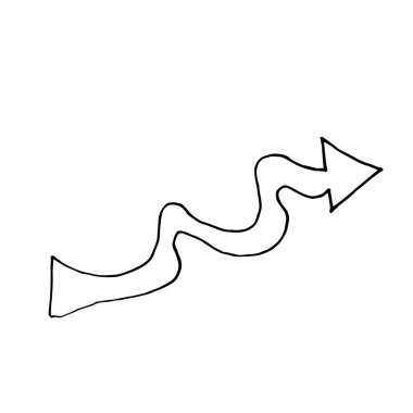 Siyah çizgi sanatında vektör oku. Beyaz izole edilmiş arka plan el çizimi üzerine sosyal medya illüstrasyonu. Web, afişler, çıkartmalar, ambalaj kağıtları, duvar kağıtları, ambalajlar ve kartpostallar için tasarım.