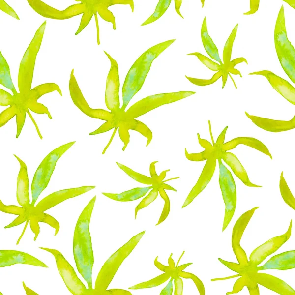 水の色のシームレスな植物パターン。白い隔離された背景に緑の大麻で印刷します。テキスタイル、壁紙、包装、包装紙、ソーシャルメディアのためのデザイン. — ストック写真