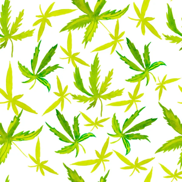 Patrón de planta sin costura de acuarela. Impresión con cannabis verde sobre un fondo blanco aislado. Diseño para textiles, papel pintado, embalaje, papel de embalaje, redes sociales . — Foto de Stock