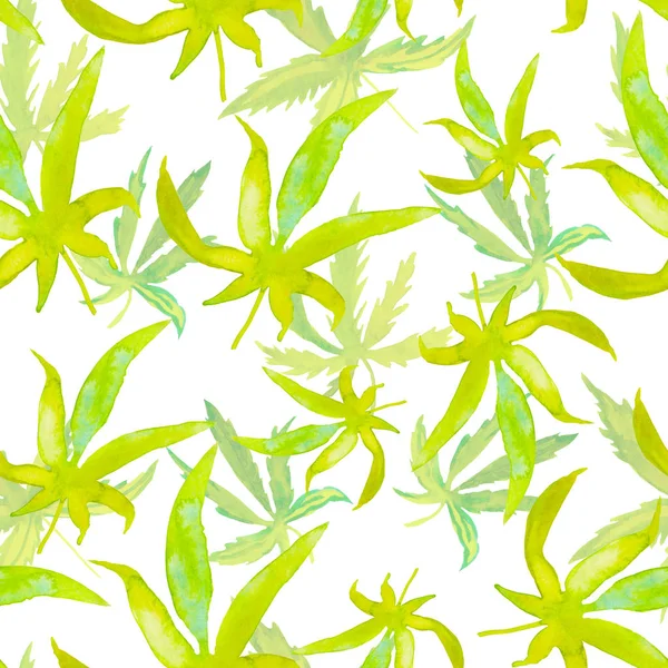 Akvarell zökkenőmentes növényi minta. Nyomtatás zöld cannabis fehér, elszigetelt háttérrel. Textil, tapéta, csomagolás, csomagolópapír, közösségi média tervezése. — Stock Fotó