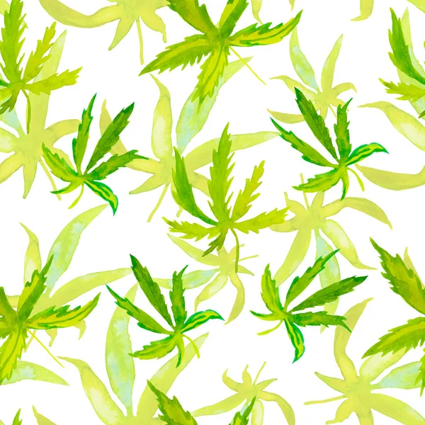 Acquerello modello di pianta senza soluzione di continuità. Stampa con cannabis verde su uno sfondo bianco isolato. Design per tessuti, carta da parati, imballaggi, carta da imballaggio, social media . — Foto Stock