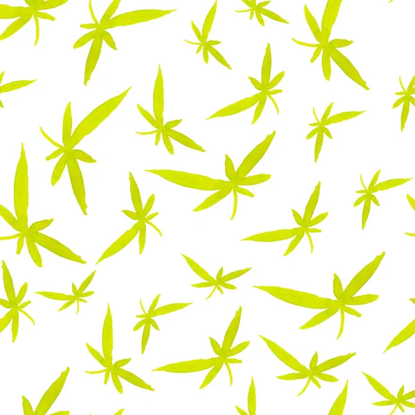 Watercolor seamless plant pattern. Print with green cannabis on a white isolated background. Design for textiles, wallpaper, packaging, wrapping paper, social media. — Stock Photo, Image