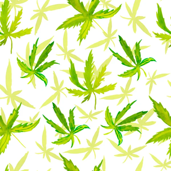 Acquerello modello di pianta senza soluzione di continuità. Stampa con cannabis verde su uno sfondo bianco isolato. Design per tessuti, carta da parati, imballaggi, carta da imballaggio, social media . — Foto Stock