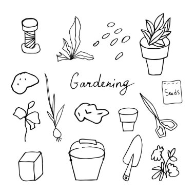 Vektör ataç sanat çiçekleri, kaplar, kürekler, tohumlar, makas, kova. İllüstrasyon koleksiyonu beyaz izole bir arkaplan çizgisi üzerinde siyahtır. Paketleme, boyama, kartlar, web için tasarlanmıştır..