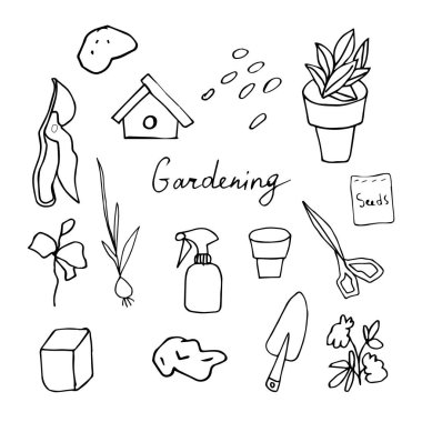 Vektör ataç sanat çiçekleri, kaplar, kürekler, tohumlar, makas, kova. İllüstrasyon koleksiyonu beyaz izole bir arkaplan çizgisi üzerinde siyahtır. Paketleme, boyama, kartlar, web için tasarlanmıştır..