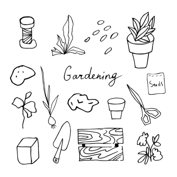 Vector clip art flowers, pots, shovels, seeds, scissors, coil with strings.The collection of illustrations gardening is black on a white isolated background line art.Design for packaging, coloring, web . — стоковый вектор