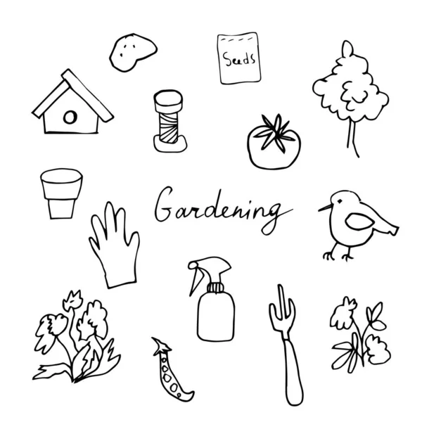 Vector clip art flowers, pots, bird, seeds, scissors, bucket.The collection of illustrations gardening is black on a white isolated background line art.Design for packaging, coloring, cards, web . — стоковый вектор