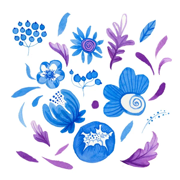 Un ensemble aquarelle de fleurs et feuilles classiques et violettes bleues pour l'ornementation. Illustrations de dessin à la main sur fond blanc isolé.Conception pour carte postale, motif, textiles, papier d'emballage . — Photo