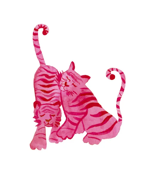 Watercolor pink tigers for Valentine 's Day.Cute illustration on white isolated background hand drawn. Design for cards,social media,wrapping paper,prints,web,wallpaper. — 스톡 사진