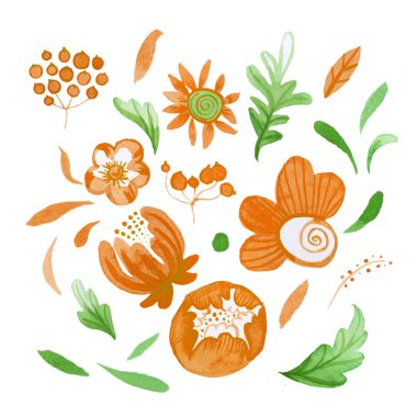 Süsleme için mavi klasik ve mor çiçeklerden oluşan bir suluboya seti. Kartpostal, desen, tekstil ve ambalaj kağıdı tasarımları..