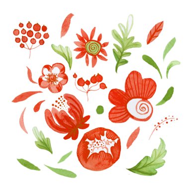 Süsleme için mavi klasik ve mor çiçeklerden oluşan bir suluboya seti. Kartpostal, desen, tekstil ve ambalaj kağıdı tasarımları..