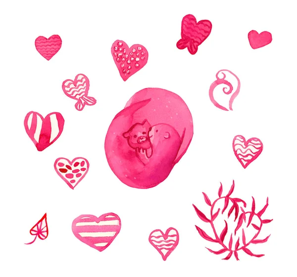 Υδατογραφία σετ ροζ ενυδρίδα και καρδιά για την ημέρα του Αγίου Βαλεντίνου. — Φωτογραφία Αρχείου