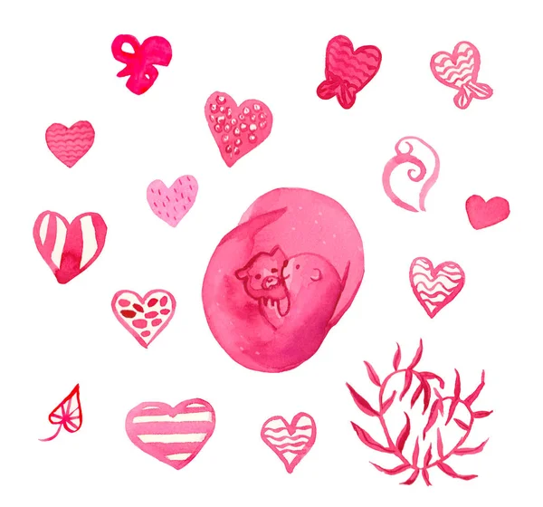 Zestaw akwareli różowa wydra i słuchy na Walentynki. — Zdjęcie stockowe