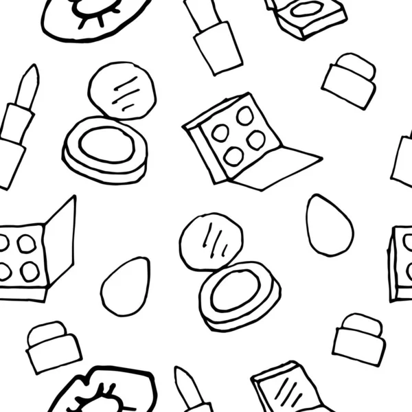 Vector Seamless Pattern Cosmetics Care Line Art Hand Drawn White — 스톡 벡터