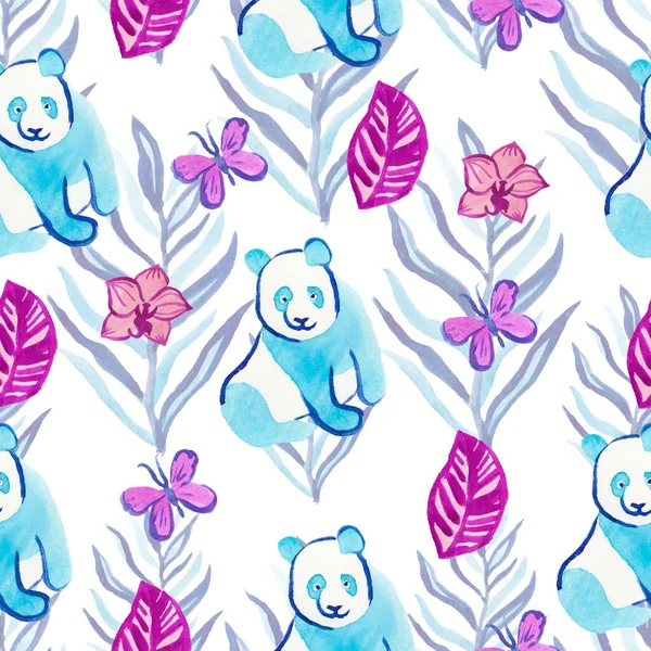 Aquarell nahtlose Muster mit Panda und tropischen Pflanzen und Schmetterling. Print in klassischem Blau, Farbe aqua menthe, violett auf weißem Hintergrund. Design für Textilien, Tapeten. — Stockfoto