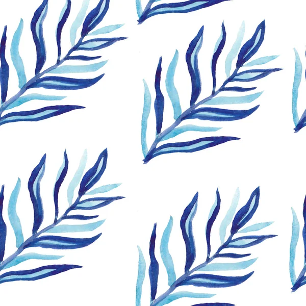 Акварельний безшовний візерунок з класичним блакитним пальмовим листям. Друкувати — стокове фото