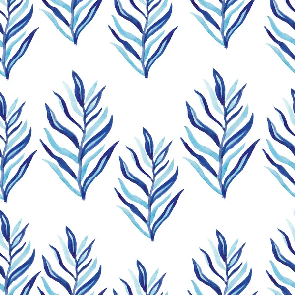Акварельний безшовний візерунок з класичним блакитним пальмовим листям. Друкувати з тропічними елементами кольору на білому ізольованому тлі, намальованому рукою. Дизайн для текстилю, шпалер, обгорткового паперу . — стокове фото