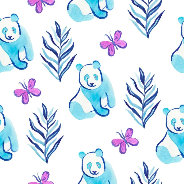 Watercolor seamless pattern with panda and tropical plants and butterfly. Print in classic blue, Color Aqua Menthe, purple in color on a white isolated background. Design for textiles, wall-paper. — Stock Photo, Image