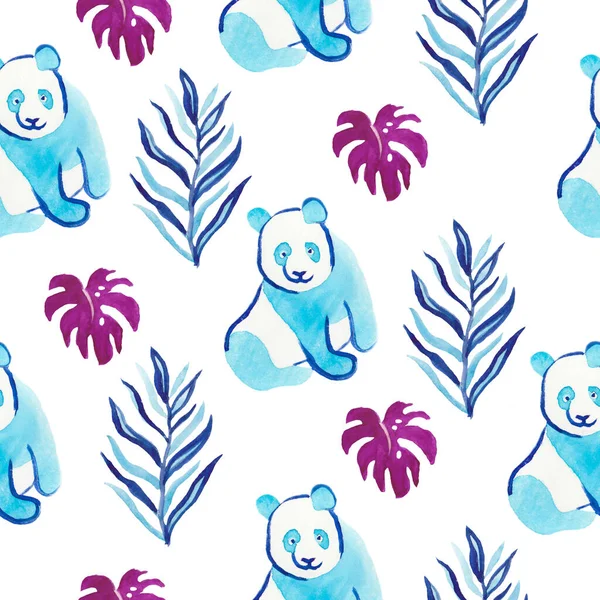 Watercolor seamless pattern with panda and tropical plants and butterfly. Print in classic blue, Color Aqua Menthe, purple in color on a white isolated background. Design for textiles, wall-paper.